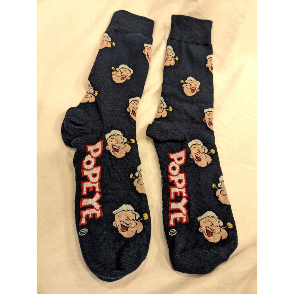 New Popeye Sock‎ Pair with Trade Mark Name and Face Print - Navy Blue Mens 6-12